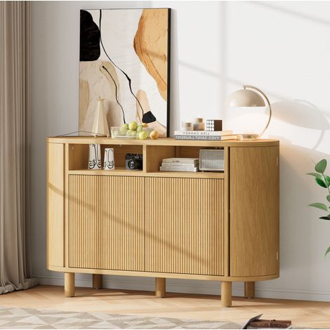 Credenza in MDF color naturale 120 x 38 x 77 cm, con vani aperti e chiusi, ripiani regolabili e piedini livellanti (1/5)