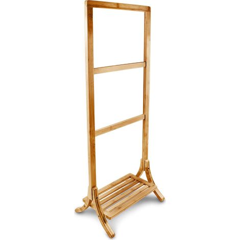 Porte-Serviettes sur pied avec Étagère en bois de Bambou HxlxP: 105 x 40 x 27 cm compartiment rangement support vêtement avec 3 barres valet de chambre serviteur séchoir à linge, nature (1/3)
