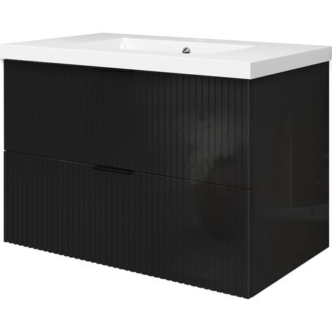 Meuble de salle de bain suspendu 80 cm, 2 tiroirs, avec vasque,MDF noir brillant
