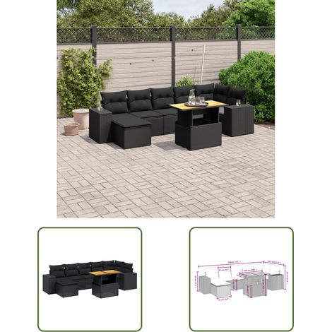 The Living Store 8-tlg. Garten-Sofagarnitur mit Kissen Schwarz Poly Rattan - Gartenmöbel Set - PE-Rattan Möbel - Outdoor Lounge - Gartenlounge - Balkonmöbel (1/3)
