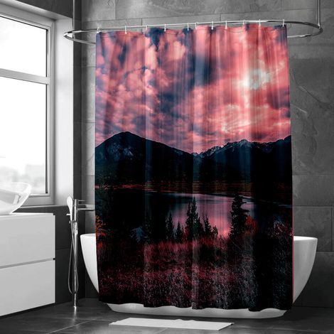 Rideau de douche motif plage et cocotiers, tissu salle de bain imperméable, 90x180 cm (1/5)