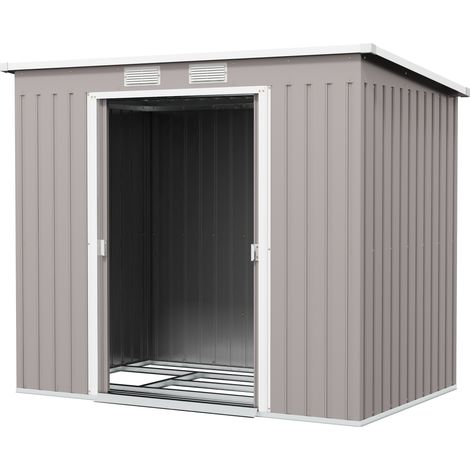 Outdoor Lean to Garden Metal Equipment Tool Storage Shed w/ Foundation Kit, Double Door, Vents and Sloped Roof, Grey