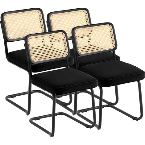 VEVOR 4 Piezas de Sillas de Ratán, Sillas de Ratán Tapizadas de Terciopelo con Respaldo 450 x 570 x 835 mm para Sala de Estar, Jardín, Patio, Dormitorio, Sala de Lectura, Cocina, Oficina, Negro
