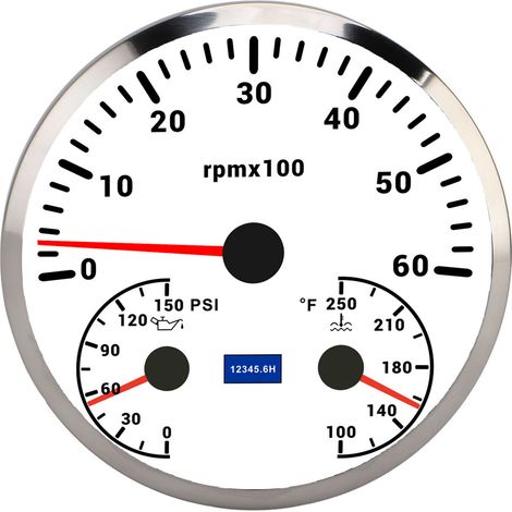 110-mm-Drehzahlmesser, DC 9–32 V, 6000 U/min, 0–150 PSI Öldruck, 100–250 °F Wassertemperatur, 3-in-1-Anzeige für LKW, Boot, Wohnmobil, weißes Zifferblatt, silberne Lünette, CXA084