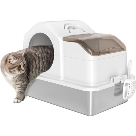 Bac à litière fermé pour chat avec tapis récupérateur de sable, acier inoxydable, ABS et PP, 60.5 x 40.5 x 45 cm, blanc et argent (1/5)