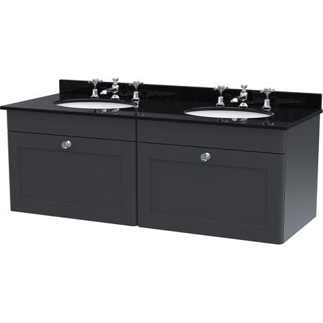 Nuie Classique Satin Soft Black 1200mm Wall Hung 2 Drawer Vanity Unit with Black Marble Countertop and 2 Round Basins with 6 Tap Holes - CLC1494BR6 (1/2)