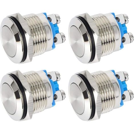 4 pièces 16mm Interrupteur à Bouton-Poussoir à Verrouillage Etanche avec Bornes à vis 3A/12 V/24 V/125 V/250 V Interrupteur à Bouton en Métal en Acier Inoxydable (Tête Plate)