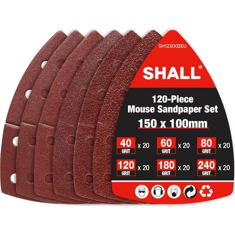 Lot de 120 feuilles abrasives triangulaires,patins de ponceuse à souris,105 x 152 mm, pour ponceuses multifonctions, différents grains : 40/60/80/120/180/240 (1/5)