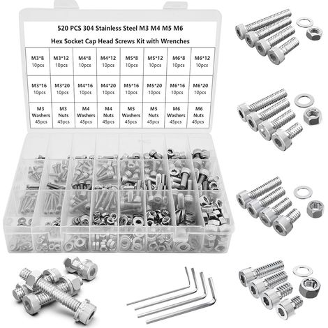 Kit surtido de 520 tornillos y tuercas M3/M4/M5/M6, tornillos de cabeza hueca, acero inoxidable 304, con tuercas y arandelas.