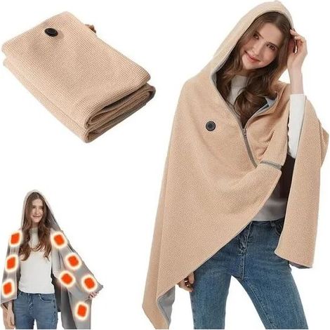 Couverture chauffante électrique – 150×80 cm – capuche – 3 niveaux – rechargeable USB – portable – pour extérieur et intérieur