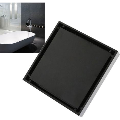 Caniveau de douche invisible carré de 10 cm (4 pouces) en acier inoxydable anti-odeurs, pour salle de bain, carrelable, noir, épaisseur 1,3 mm. (1/5)