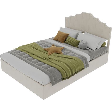 Lit moderne minimaliste rembourré, tête de lit confortable et douce, 140200CM, beige, meuble multifonction pour chambre, lit coffre haut avec vérin pneumatique, matelas non inclus.