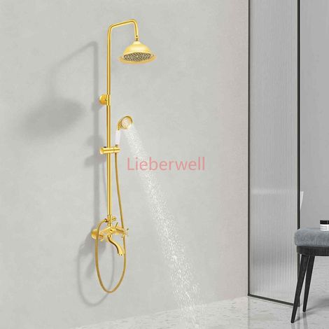 Ensemble de douche combiné mural pour salle de bain, avec pommeau de douche pluie, robinet doré et système de douche à 2 poignées avec valve en céramique (1/5)