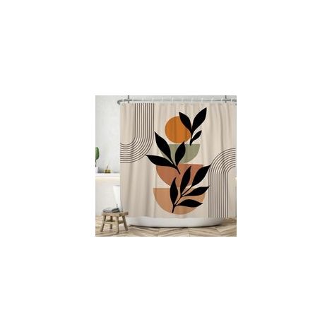 A 180x180 cm Rideau de Douche Boho Style Boho Abstrait Moderne Feuilles Noires Orange Soleil Ligne Kaki Lavables Textile Rideau de Bain imperméable pour Baignoire avec