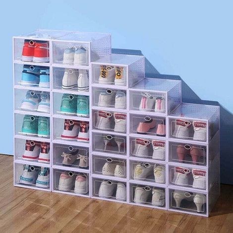 Boîtes à Chaussures LOT DE 12 Empilable Rangement de Chaussure en Plastique Transparent Organisateurs avec Porte Assemblage Facile 33 x 23 x 14 cm, Jusqu’à la Pointure 46