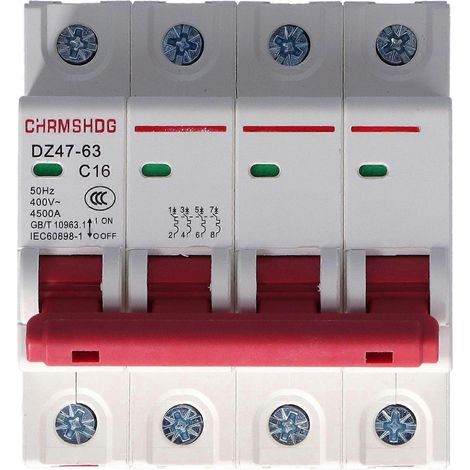 Disjoncteur miniature (MCB) à 4 pôles avec protection contre les surcharges et les courts-circuits pour applications domestiques, 400 V, 16 A