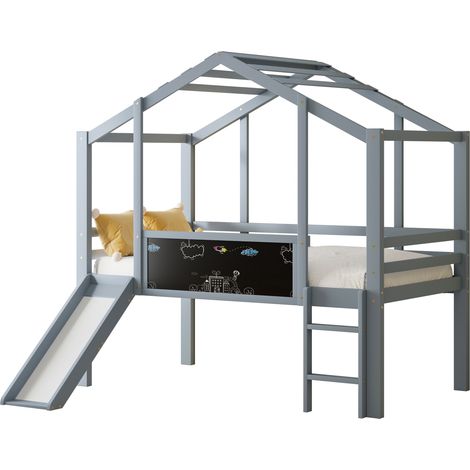 Lit enfant 90 x 200 cm, design maison avec toit, échelle de sécurité et toboggan de sécurité, tableau graffiti, lit mezzanine multifonction en bois massif, gris
