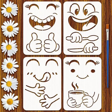 4Pcs Pochoirs Émoticônes et Actions Avec Un Pinceau 297x210mm 4 Styles Pochoirs de Peinture Cartoon Pet Modèle à Thèmes Quotidiens pour Peinture sur Bois Sol Mur Carrelage Tissu Meuble (1/5)