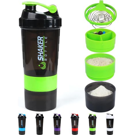 Gourde shaker à protéines, gourde de sport étanche pour mélange de protéines - Antidérapante 3 couches, 47 cl avec pilulier (Noir) Vert (1/5)