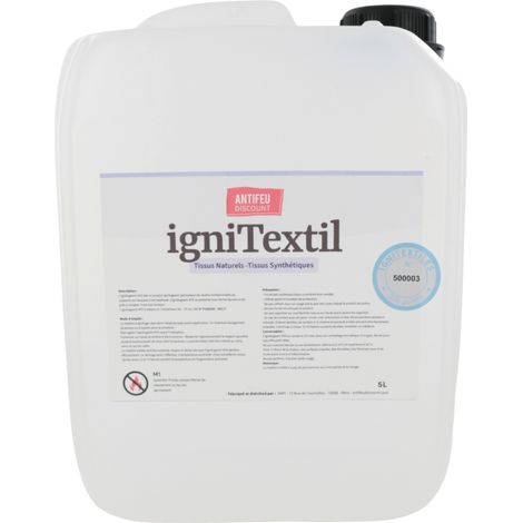 Bidon de traitement ignifuge efficace pour tous types de textiles format 5L - 1L = 10m2 de tissu naturel très léger ignifugé – Référence Ignitextile (1/2)