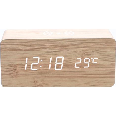 sveglia in legno beige con caricatore wireless Qi compatibile con iPhone e Samsung. Orologio digitale a LED in legno con funzione di controllo del suono, visualizzazione di ora, data e temperatura. (1/3)