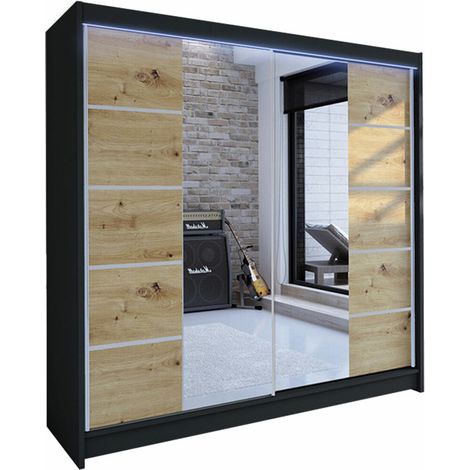 Armoire Closico Cavaris V, Noir + Chêne Artisan, 215x180x58cm, Portes d'armoire: Coulissantes, Nombre d'étagères: 5, LED: Disponible