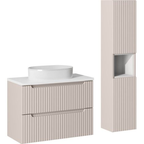 Set VANO cashmere e bianco 110cm: mobile sottolavabo con cassetti + lavabo da appoggio bianco scanalato + colonna