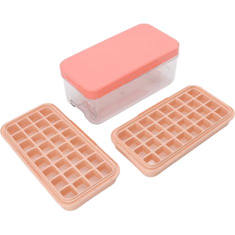 Bac à glaçons avec couvercle, pelle à glace et rangement pour 64 glaçons (2 niveaux), en silicone rose à démoulage facile. (1/5)