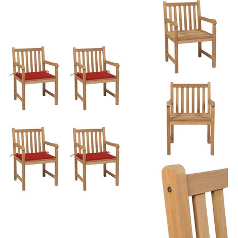 Chaises de jardin lot de 4 et coussins rouge bois teck solide - Chaise De Jardin - Mobilier De Jardin - Set De Chaises - Terrasse - Jardin (1/5)