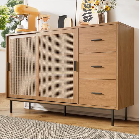 Aparador de aglomerado natural con 2 puertas correderas efecto ratán y 3 cajones, 140 x 37 x 91 cm (1/5)