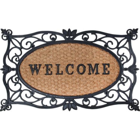 Esschert Design - Zerbino in gomma a lavorazione artistica, inserto centrale in fibre di cocco decorato con scritta "Welcome", da circa 75 x 45 cm, colore: Nero/Naturale cocco