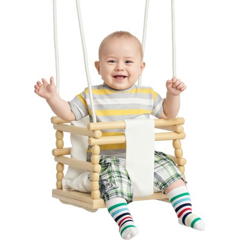 Altalena per Bambini 9-36 Mesi in Legno e Cotone con Corda Regolabile e Cuscino, 30x30x110-180 cm