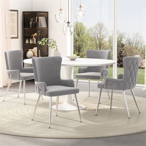 Velvet Dining & Lounge Chair - Luxurious Upholstered Armchair with Silver Metal Legs for Living Room & Bedroom Set of 4, Grey (1/5)