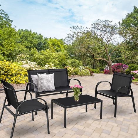 Ensemble Salon de Jardin 4 Places 2 Fauteuils 1 Canapé et 1 Table Basse en Verre Tissu en Textilene Anti-UV Noir (1/3)