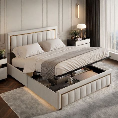 Bett mit Koffer 160 x 200 cm aus beigem Samt, Aufbewahrungstruhe, Zeitloses Design, Lattenrost, Ohne Matratze, Tragfähigkeit 250 kg