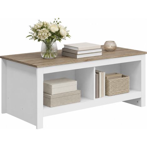 Table basse - HOMCOM - rectangulaire - 4 compartiments ouverts - pour chambre et bureau - bois - 110 x 55 x 45,5 cm - chêne et blanc (1/5)