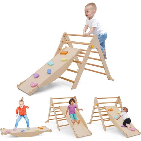 4 en 1 Triangle Arche Montessori,Cadre à Grimper Pliant avec Toboggan, Structure d'escalade Triangulaire, Arche d'escalade et Planche D'équilibre, Parcours Motricite pour Enfants 1 an+ (1/5)