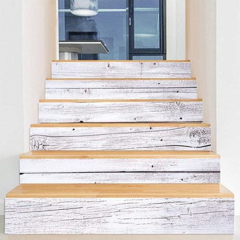 Stickers Escalier 3D Grain de Bois Blanc Auto-adhésifs Étanche Amovible pour Escaliers Salle de Bains Cuisine DIY Décor À La Maison (1/5)