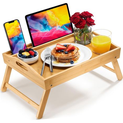 Mesa auxiliar/mesa de cama grande de bambú con patas plegables, soporte portátil y asas, ideal para comer en la cama o en el sofá. (1/4)