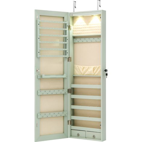 Armadio portagioie con specchio in legno a parete con LED interno 35,5x10x120cm Verde chiaro