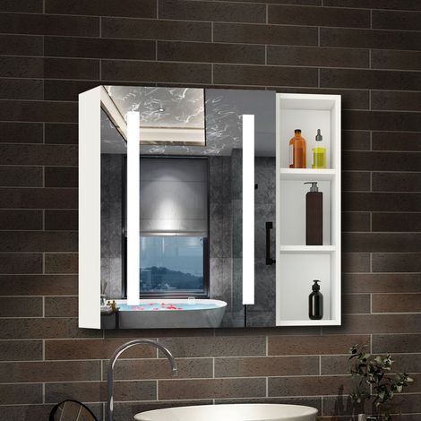 AICA Armoire murale de salle de bain LED, 70x40cm avec Prise Rasoir+Anti-Buée + Tricolore + Dimmable +armoire latérale, Blanc
