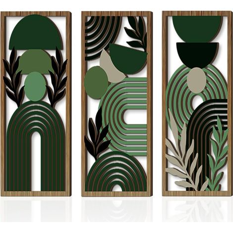 Lot de 3 tableaux muraux abstraits - Style bohème - Mid Century - Minimalistes et modernes - En bois léger et moderne - Motifs géométriques abstraits - Pour salon, chambre à coucher, couloir (1/5)