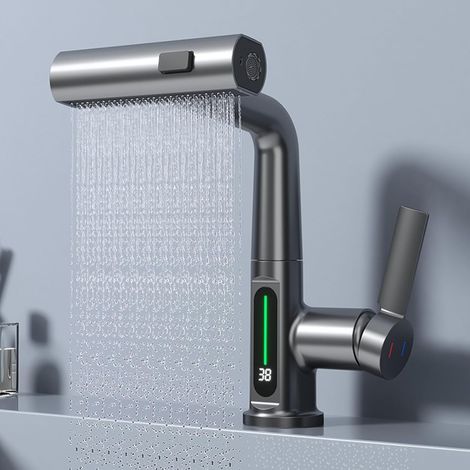 Robinet de salle de bain avec affichage de la température LED, robinet de salle de bain relevable avec pulvérisateur extractible, robinet de salle de bain en cascade, robinet mitigeur de salle de bain (1/5)