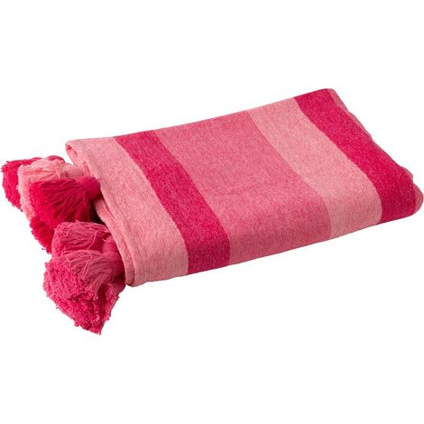 Plaid Rayé à Pompons "Polly" 130x180cm Rose (1/3)
