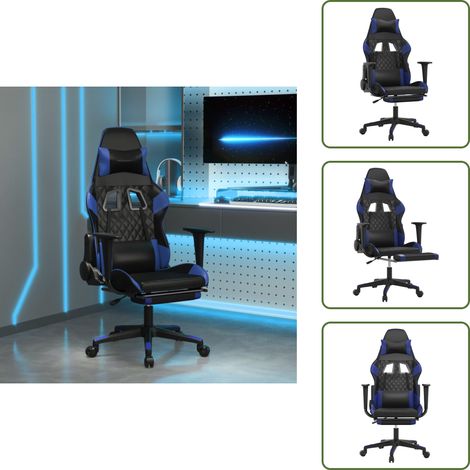 Cuero sintético - vidaXL Silla gaming de masaje y reposapiés cuero sintético negro azul - Silla de masaje