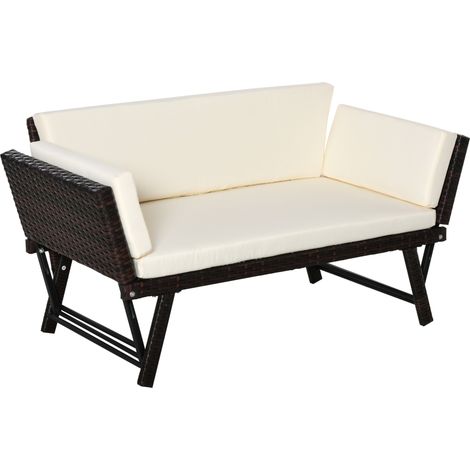 Canapé de jardin 2 places en polyrattan avec accoudoirs rabattables, structure acier, brun, 129x63x67 cm pour terrasse et balcon (1/5)