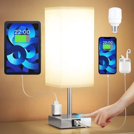 ®Rising FF 【Version améliorée】Lampe de chevet tactile avec ports de charge USB C+A et deux prises de courant CA (1/5)