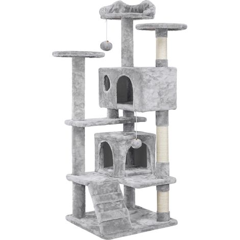 Yaheetech – Arbre à chat 139 cm avec 2 niches et 3 plateformes – Colonnes en sisal – Capacité 20 kg – Pour 3-4 chats – Gris clair