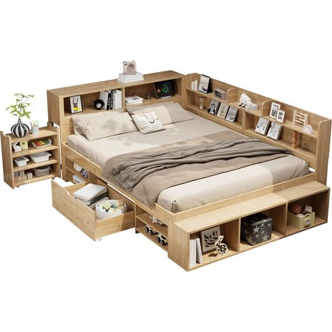 Lit enfant, lit de rangement 140 x 200 cm, lit simple multifonction avec table de chevet, tiroirs, étagères, armoire de rangement et charge sans fil, sans matelas, naturel