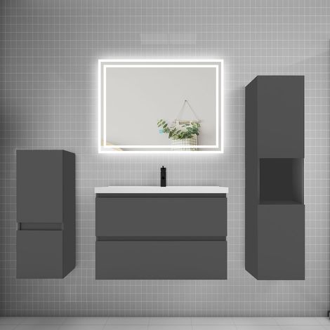 Ensemble meuble de salle de bain 80cm, simple vasque + colonne + LED miroir,anthracite (1/5)